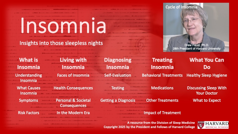 insomnia landing page with picture of Dr. Drew Faust, President of Harvard